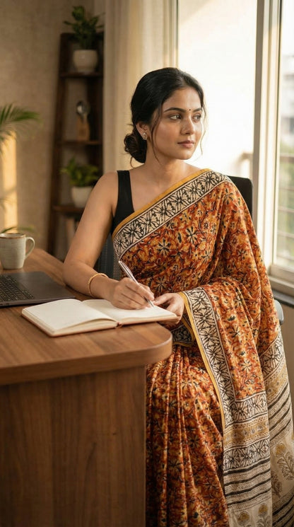 Woman wearing a Ajrakh Modal Silk Saree – Reddish-Orange with Black & White Border and Golden Pallu Motifs with intricate patterns sitting at a desk, writing in a notebook.