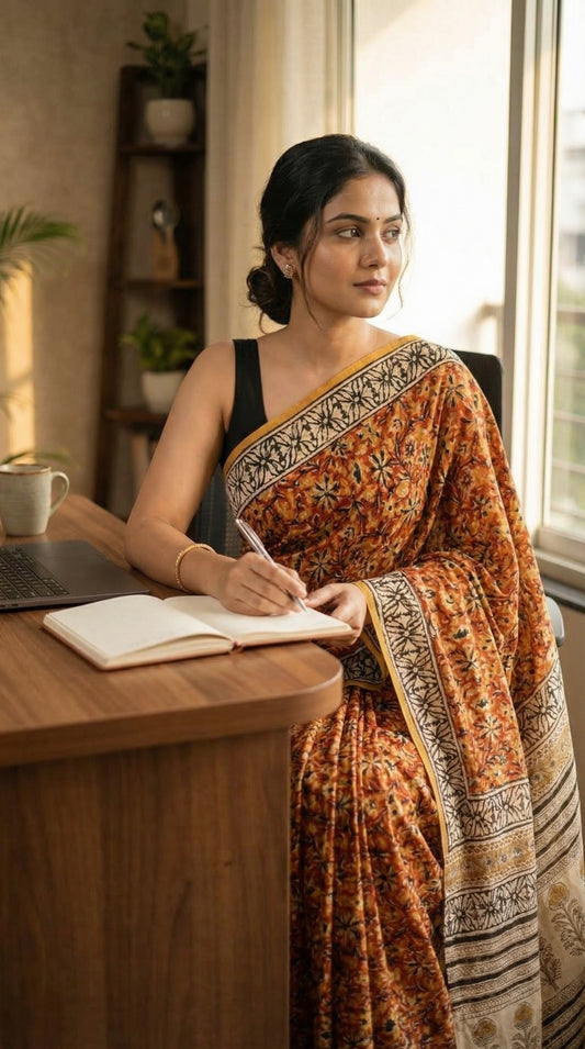 Woman wearing a Ajrakh Modal Silk Saree – Reddish-Orange with Black & White Border and Golden Pallu Motifs with intricate patterns sitting at a desk, writing in a notebook.