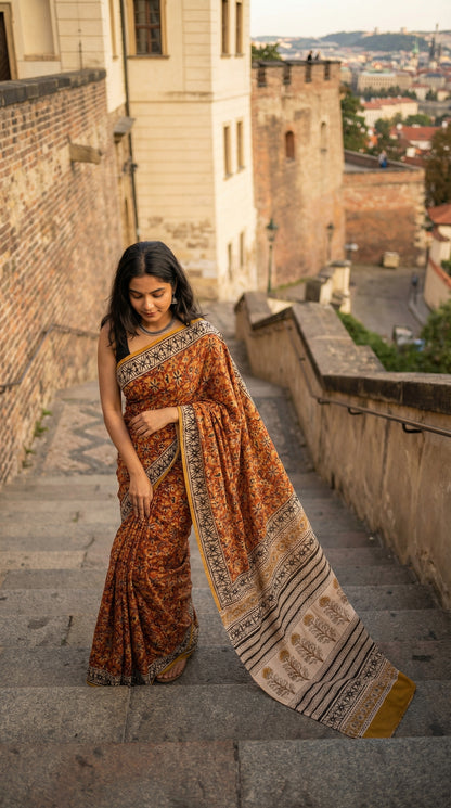 Woman wearing a Ajrakh Modal Silk Saree – Reddish-Orange with Black & White Border and Golden Pallu Motifs with intricate patterns standing on stone steps with a castle-like building in the background.