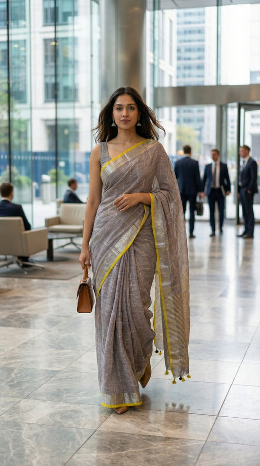 Woman in a ash-grey-cotton-linen-saree, walking in a modern building lobby