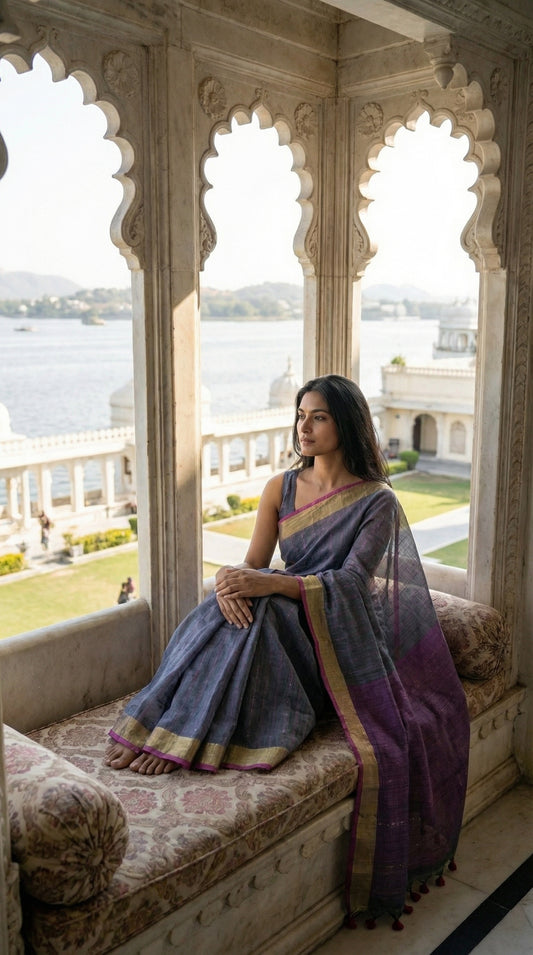 Woman in a ash-grey-cotton-linen-saree, sitting on a balcony with scenic view