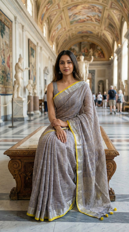 Woman in a ash-grey-cotton-linen-saree, sitting on a bench in an ornate hall with statues and high ceilings.