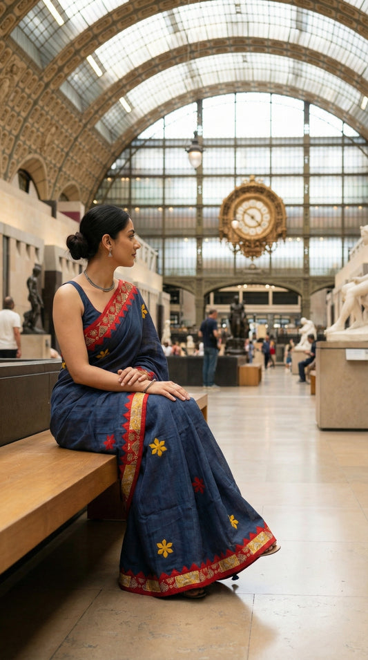 Woman in a ash grey linen cotton saree with handcrafted applique border, sitting on a bench in a large, open architectural space.