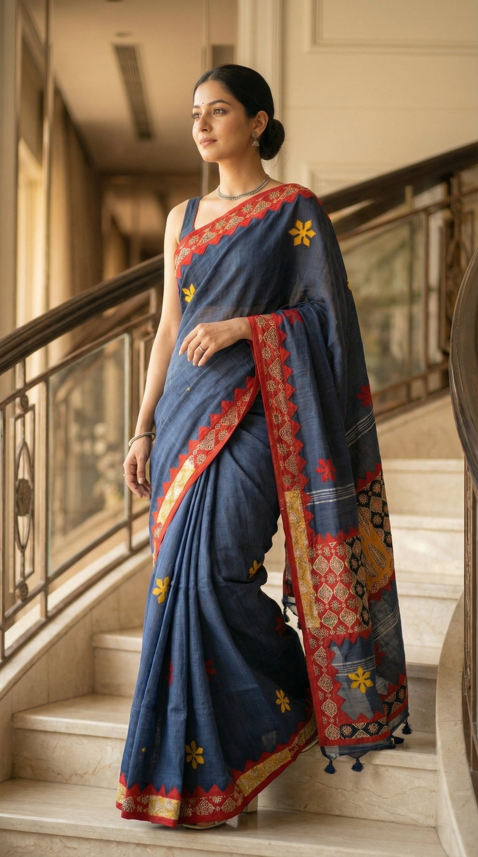 Woman in a ash grey linen cotton saree with handcrafted applique border, standing on a staircase.