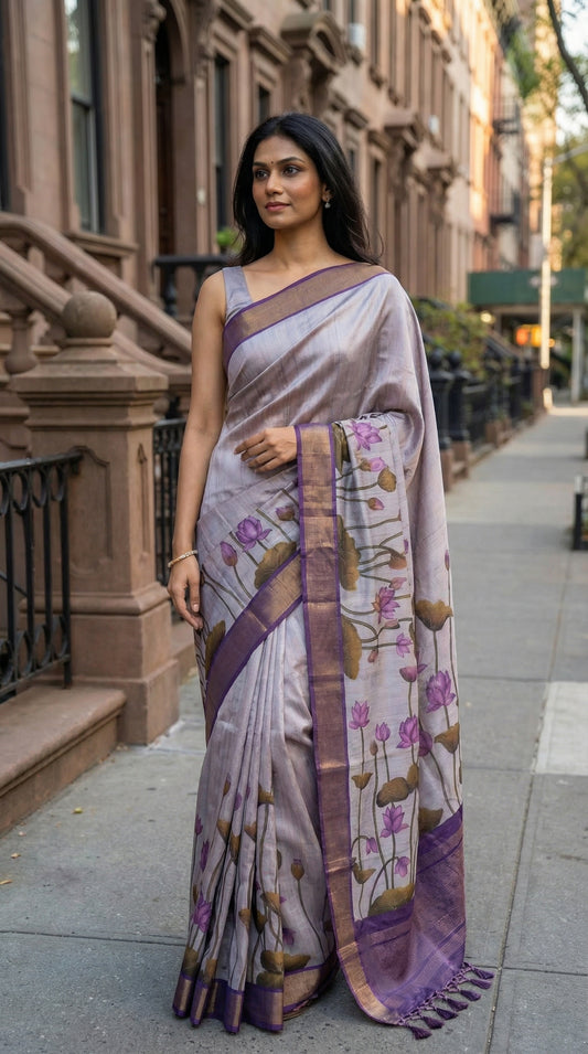 Woman in a ash-grey-viscose-silk-purple-floral-saree, on a city street.