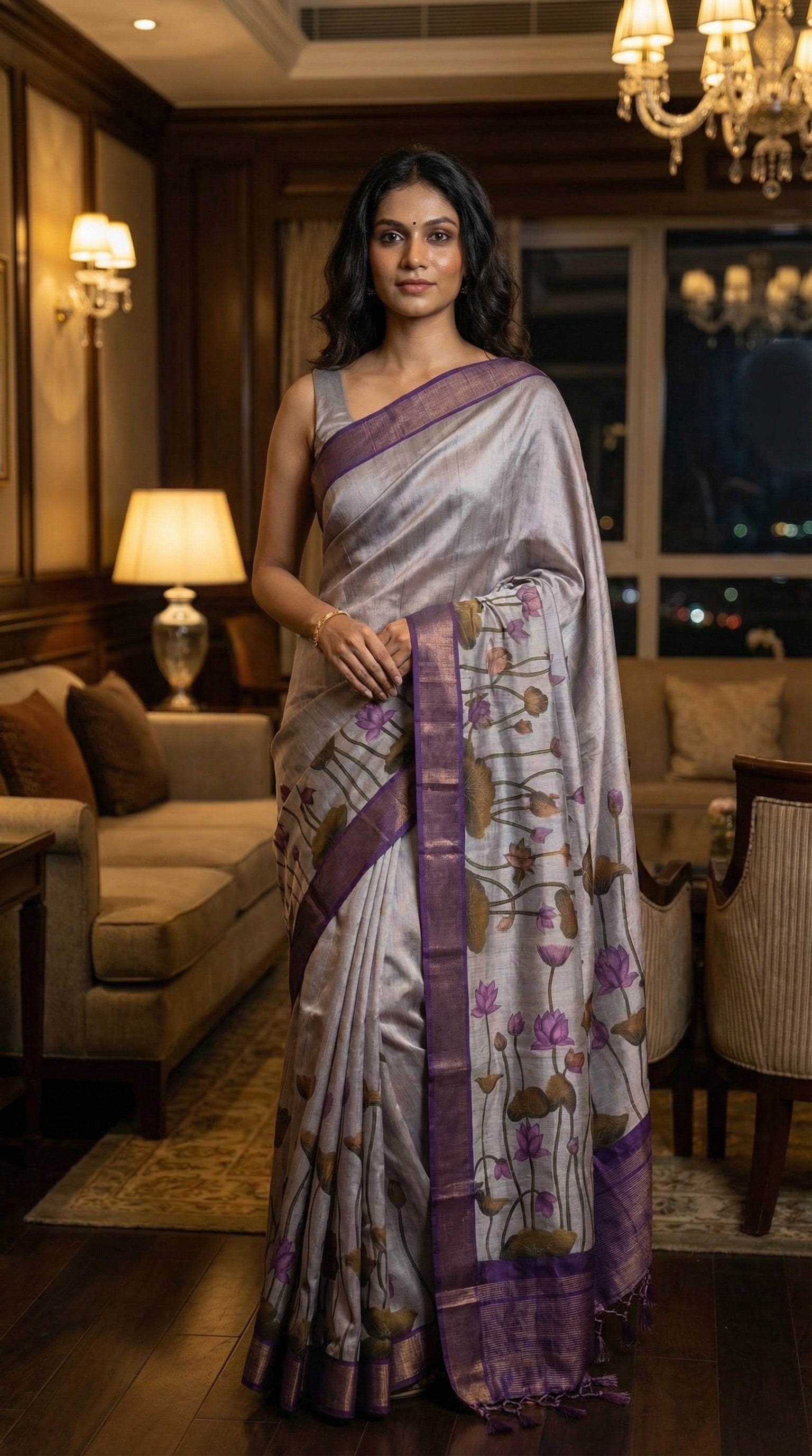 Woman in a ash-grey-viscose-silk-purple-floral-saree, standing in an elegant room with chandeliers and lamps.