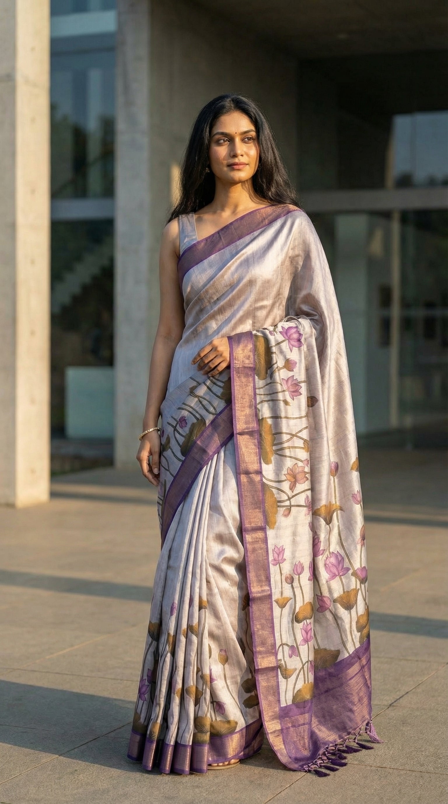 Woman in a ash-grey-viscose-silk-purple-floral-saree, outdoors.