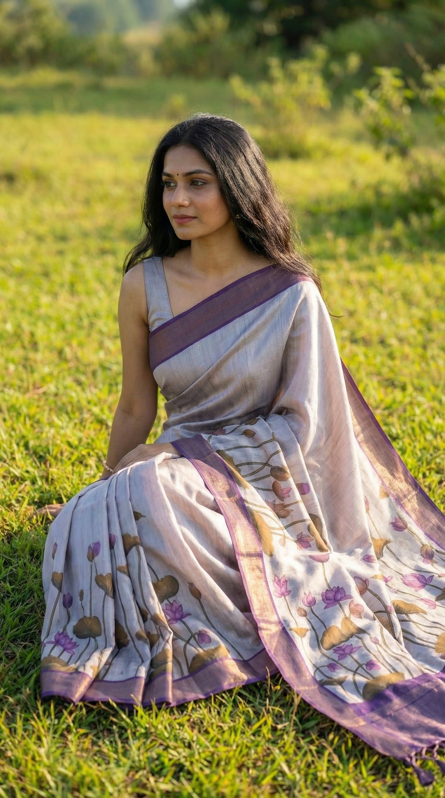 Woman in a ash-grey-viscose-silk-purple-floral-saree, on grass with a blurred natural background