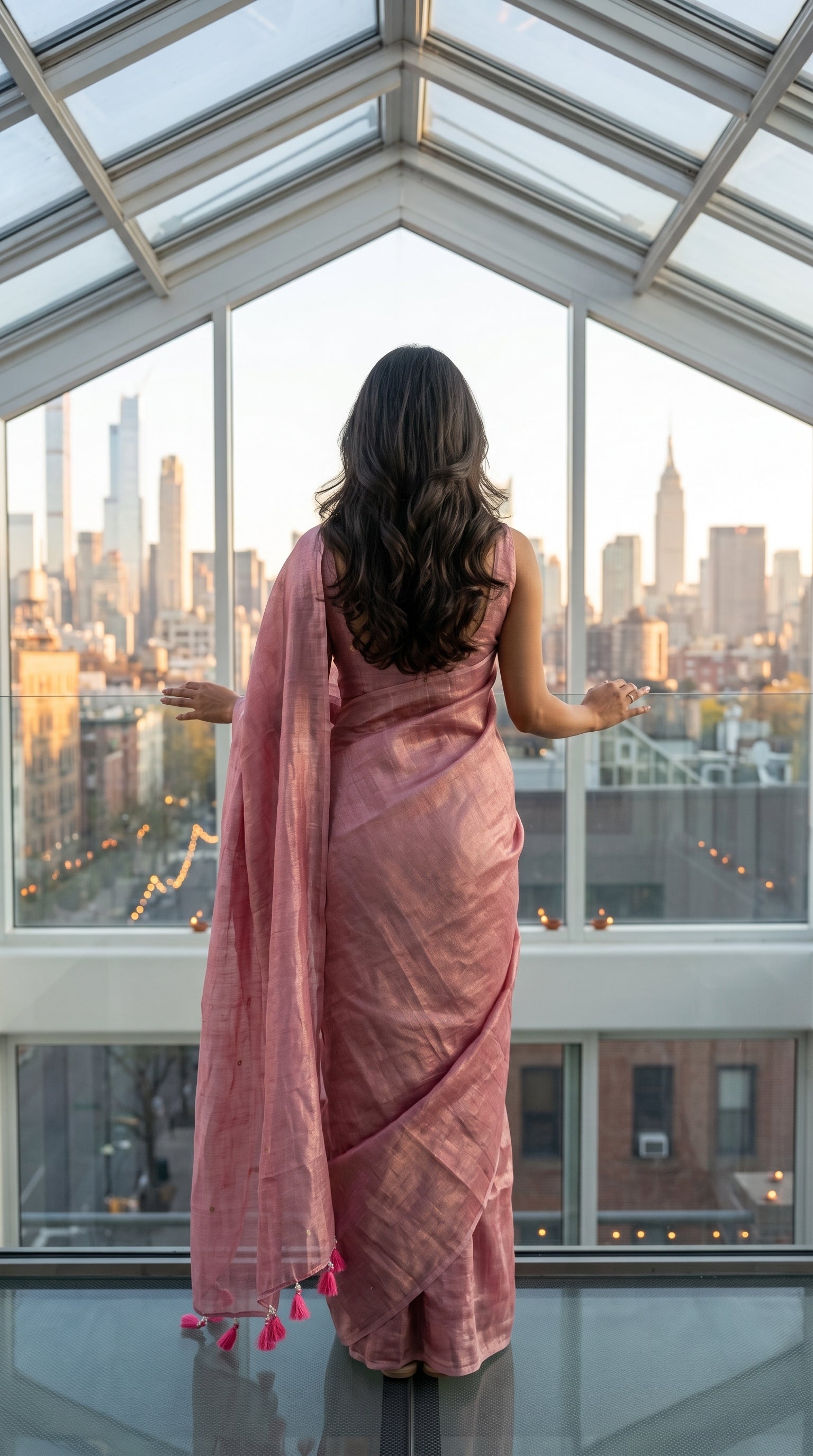 Back view of a woman standing by a glasshouse window overlooking a city skyline, showing the shimmering sheer texture and pink thread tassels of a rose pink cotton tissue saree
