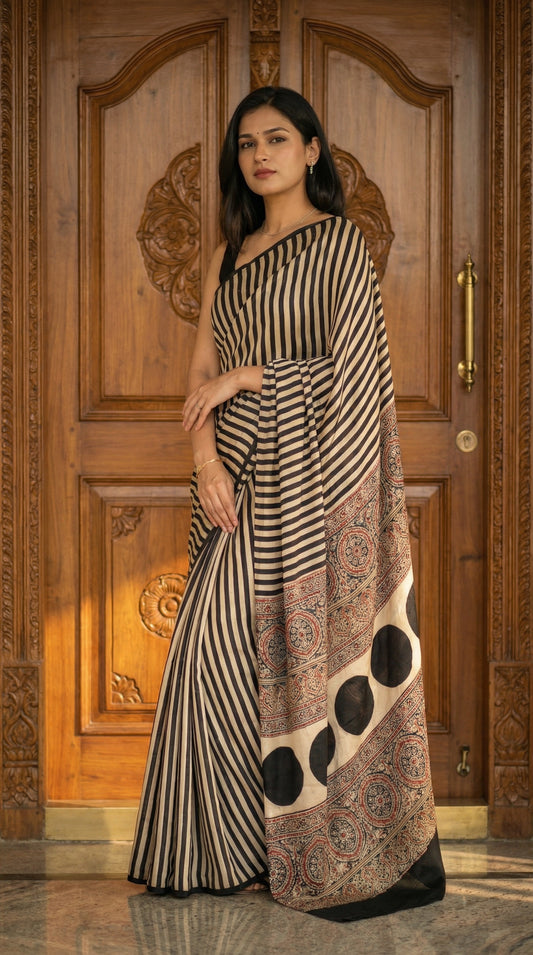 Woman in a beige and black modal silk striped saree with Ajrakh, standing in front of a wooden door.