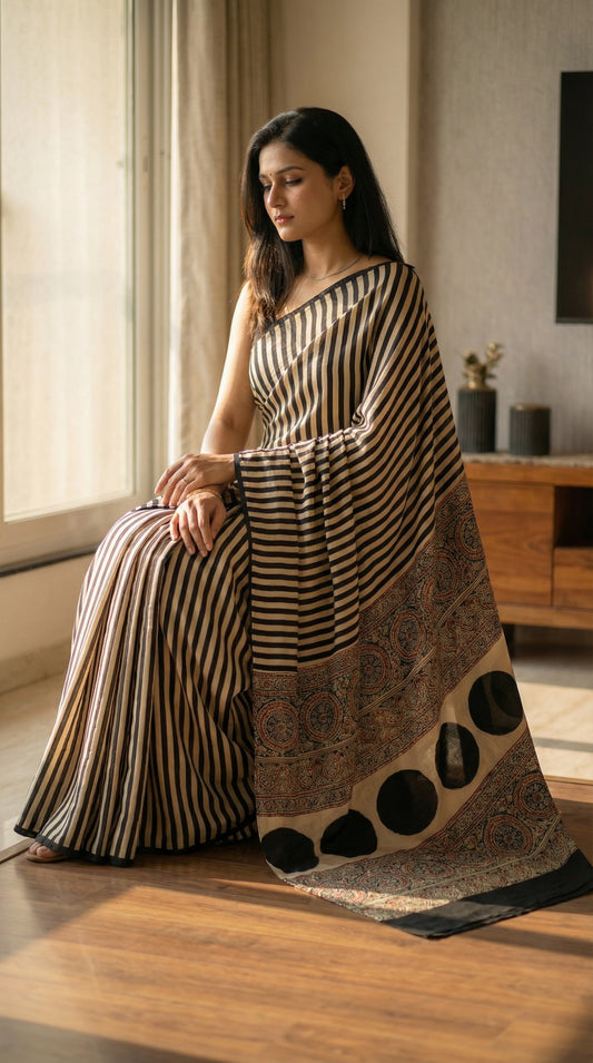 Woman in a beige and black modal silk striped saree with Ajrakh, sitting indoors with a patterned fabric draped over her shoulder.