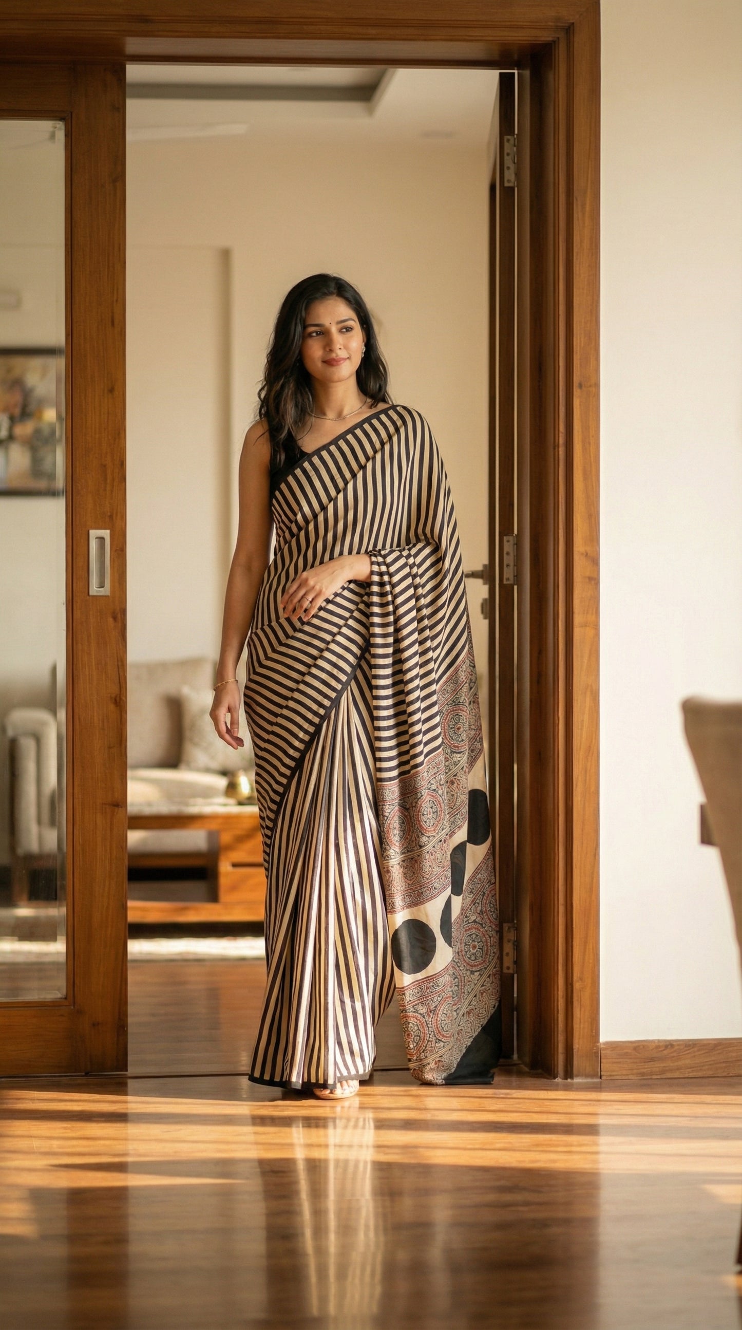 Woman in a beige and black modal silk striped saree with Ajrakh, standing in a room with wooden flooring and a door.
