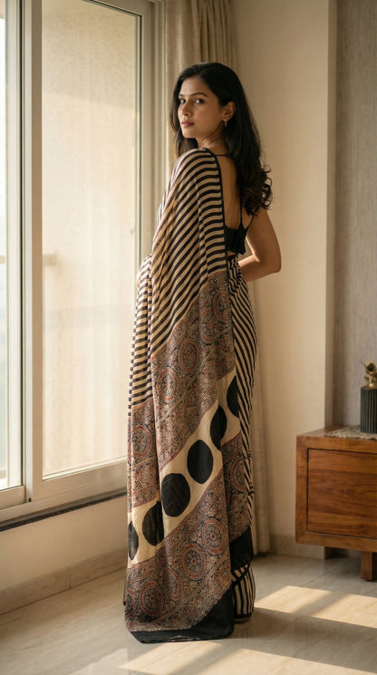 Woman in a beige and black modal silk striped saree with Ajrakh, standing by a window in a room with wooden furniture.