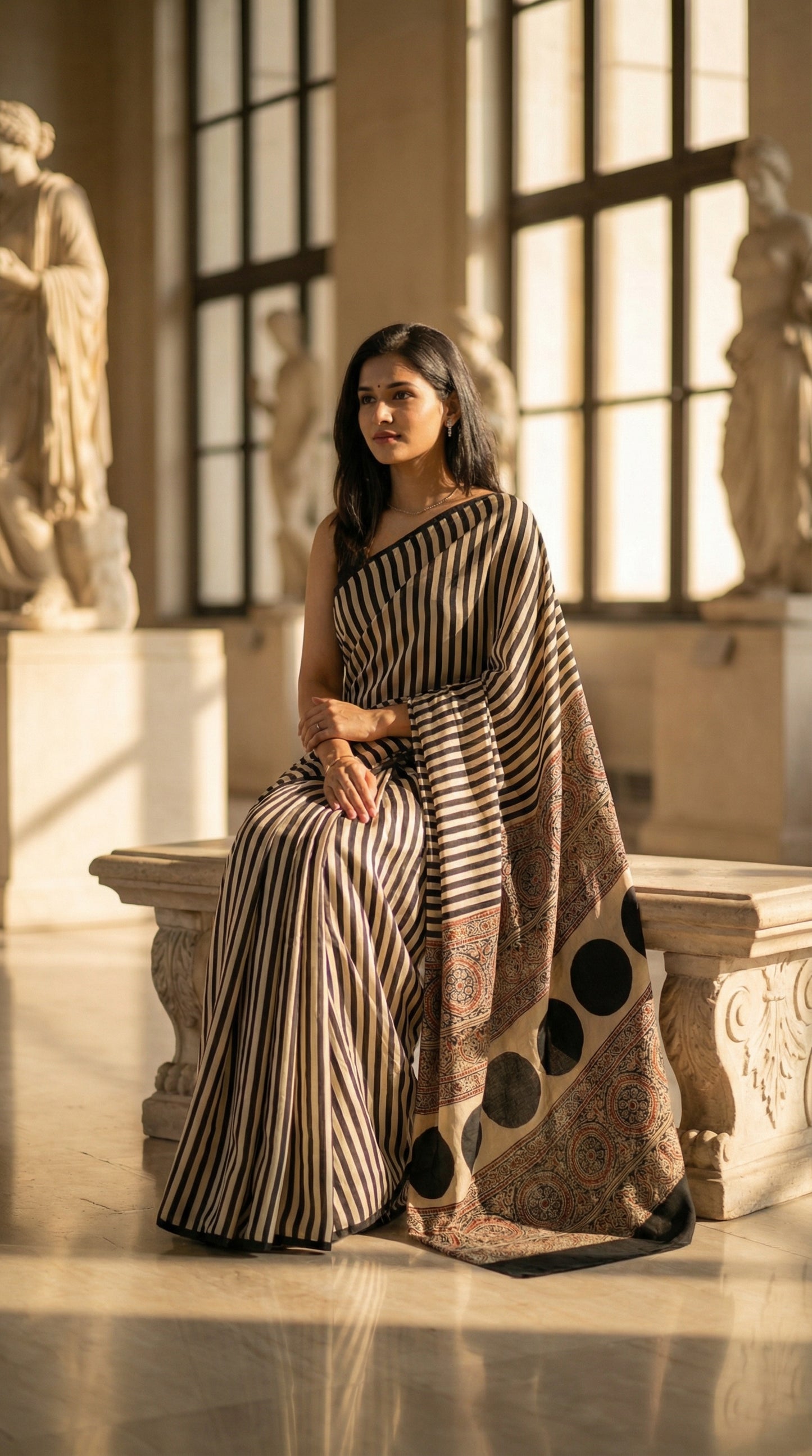 Woman in a beige and black modal silk striped saree with Ajrakh, sitting on a stone bench in a sunlit room with classical statues.