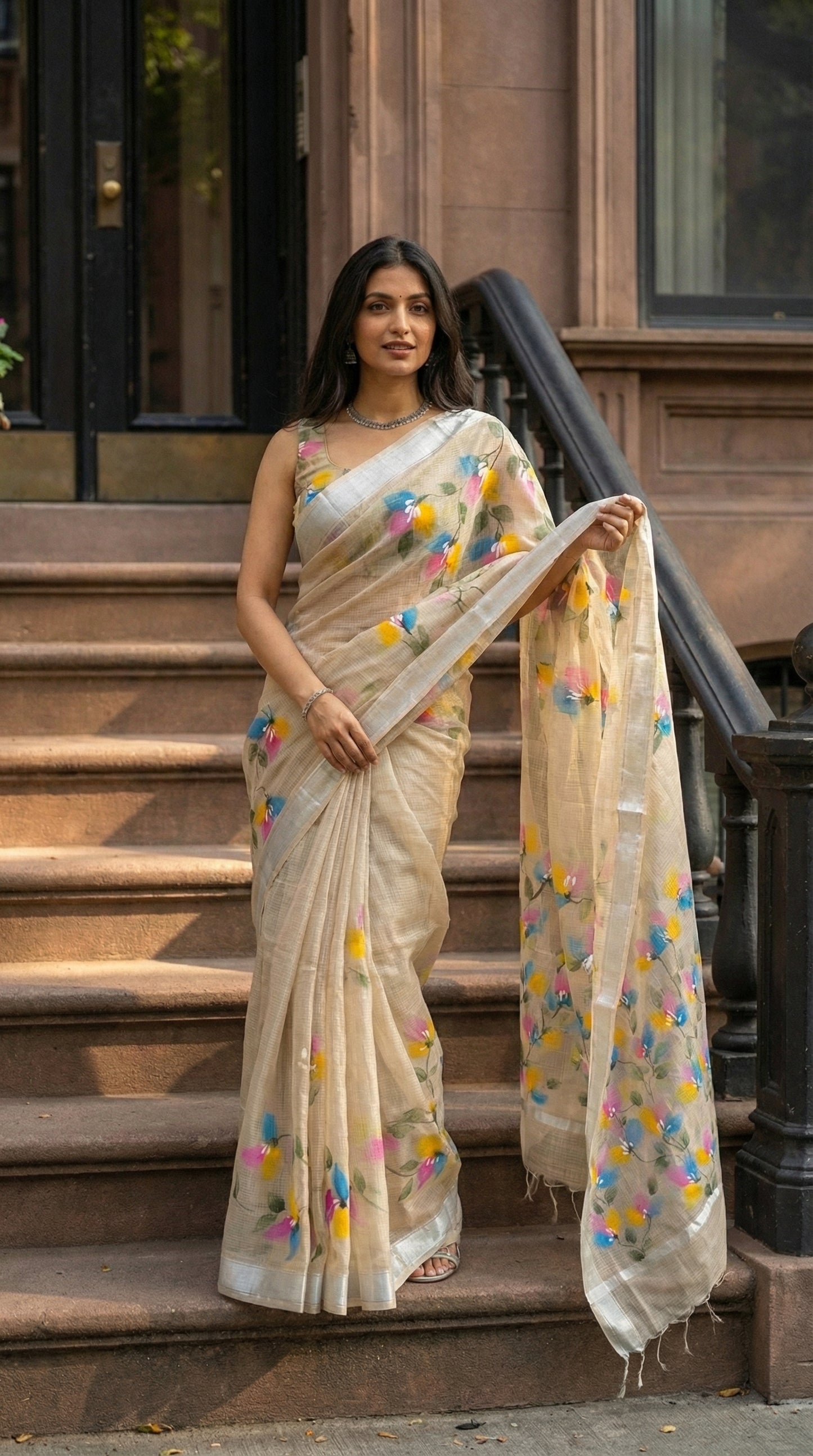 Woman wearing a beige-hand-painted-cotton-saree, standing on steps.