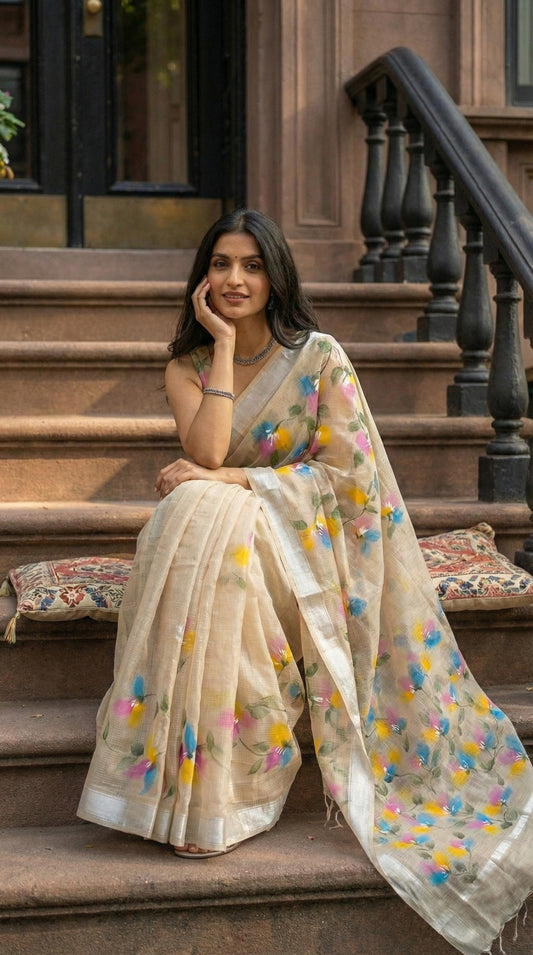 Woman wearing a beige-hand-painted-cotton-saree, sitting on steps outdoors
