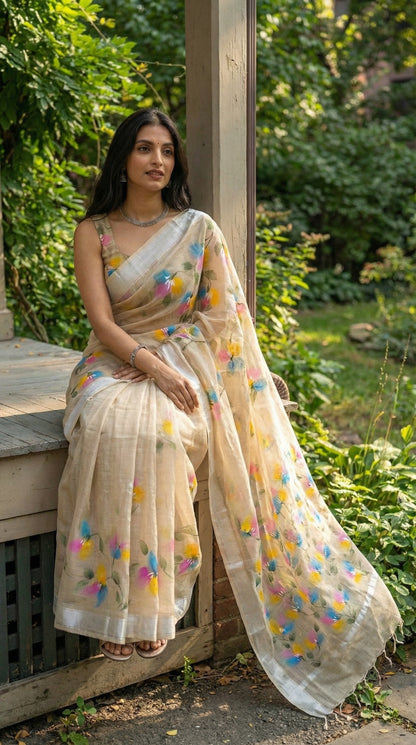 Woman wearing a beige-hand-painted-cotton-saree, sitting outdoors.