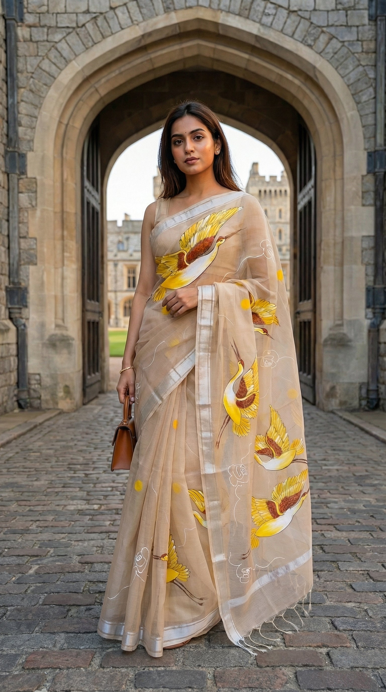 Woman in a beige-kota-doria-crane-saree, standing in front of an architectural setup.