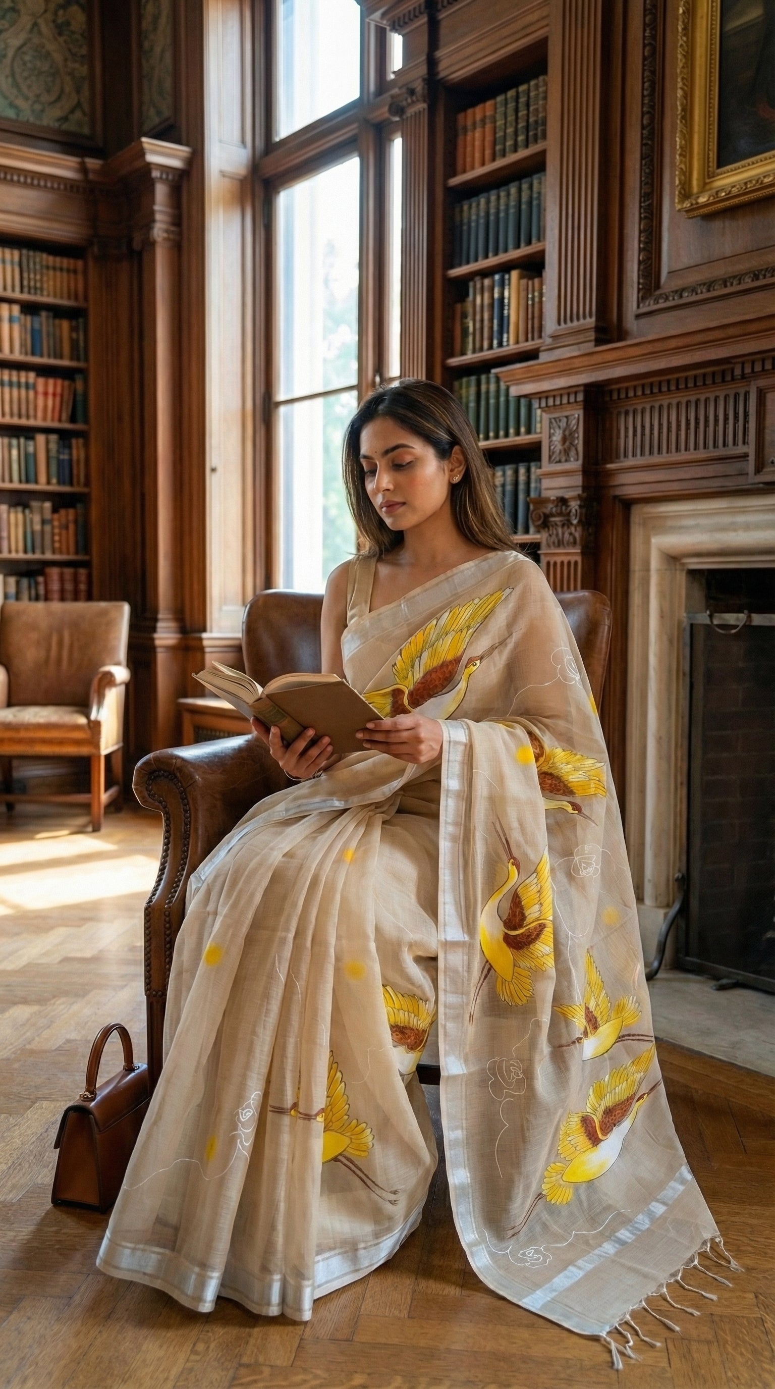 Woman in a beige-kota-doria-crane-saree, reading a book in a library.