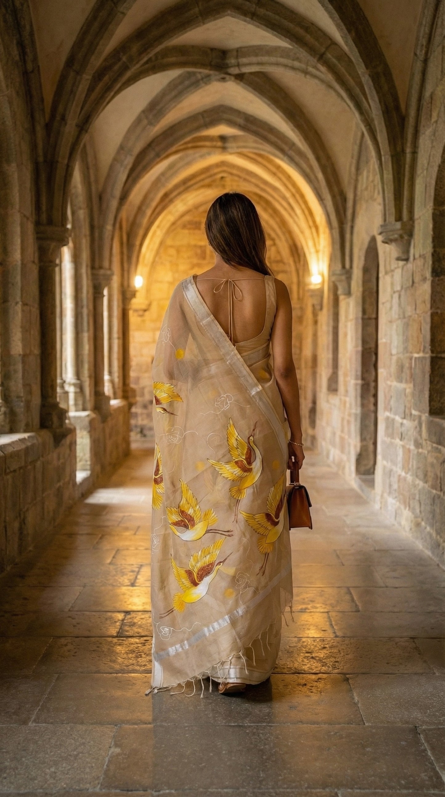 Woman in a beige-kota-doria-crane-saree, walking through a stone archway