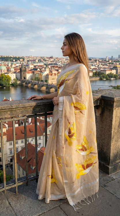 Woman in a beige-kota-doria-crane-saree, standing on a balcony overlooking a cityscape with bridges and water.
