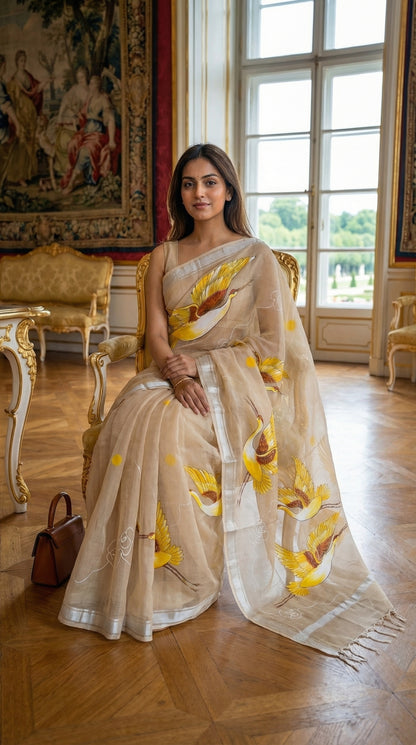 Woman in a beige-kota-doria-crane-saree, patterns in an elegant room.