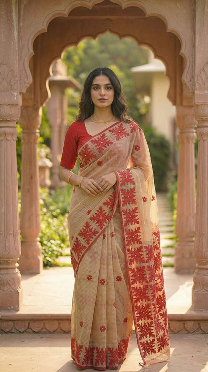Woman in a beige-red-applique-kota-saree, standing in an architectural setting with greenery.
