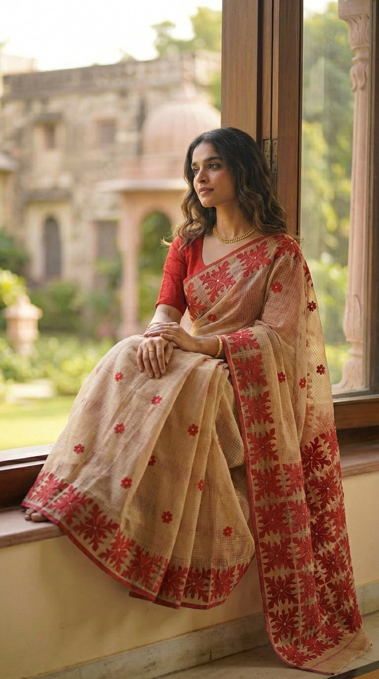 Woman in a beige-red-applique-kota-saree, sitting by a window with a garden view.