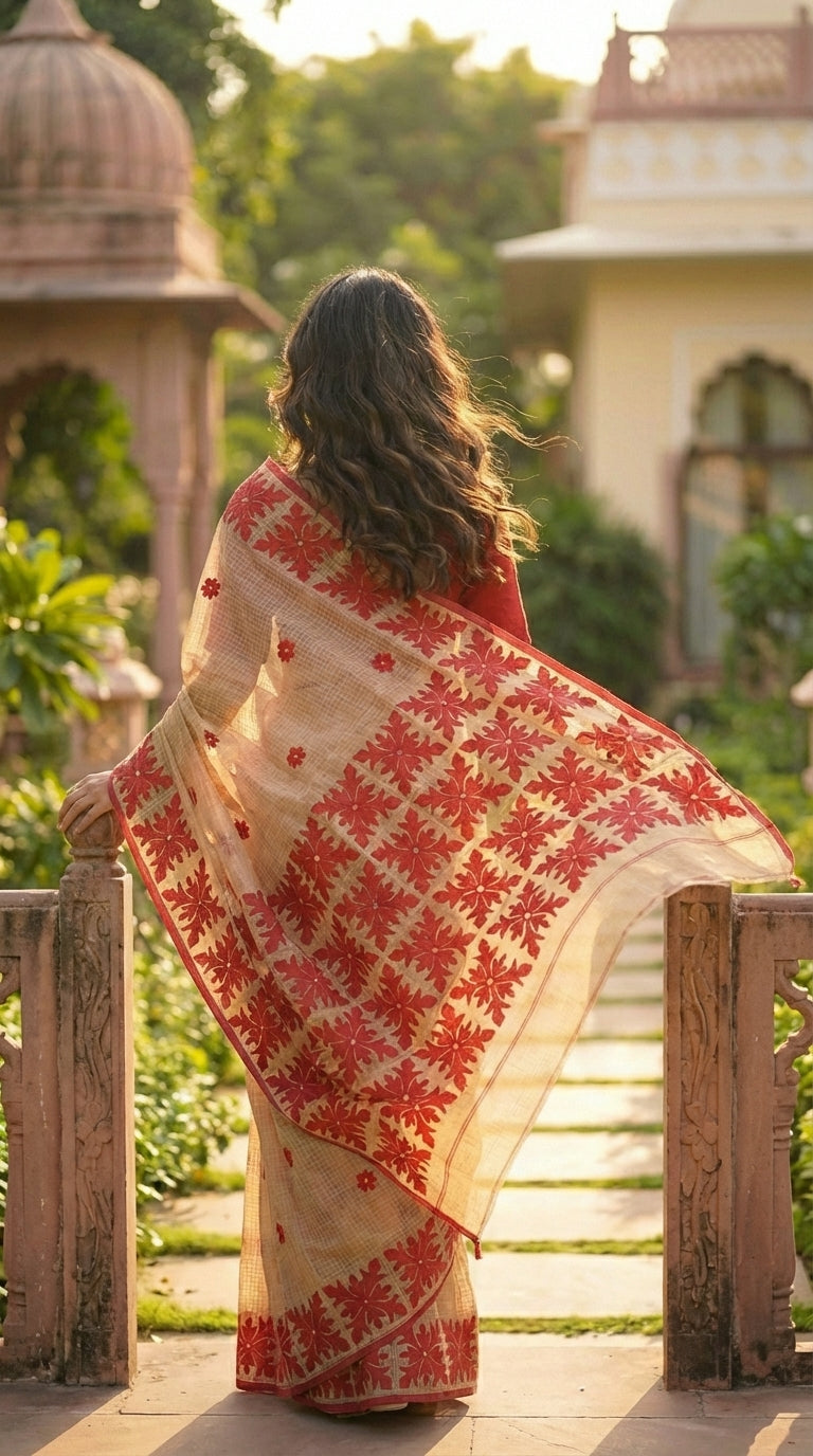 Woman in a beige-red-applique-kota-saree, standing in a garden with architectural elements.