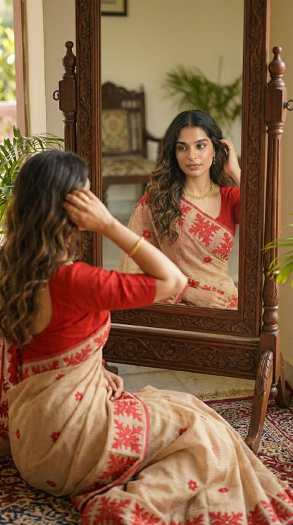 Woman in a beige-red-applique-kota-saree, adjusting her hair in front of a wooden-framed mirror.