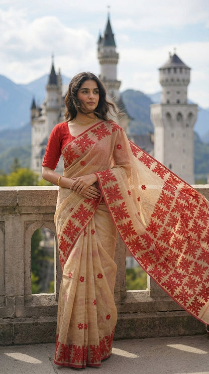 Woman in a beige-red-applique-kota-saree, with a castle in the background
