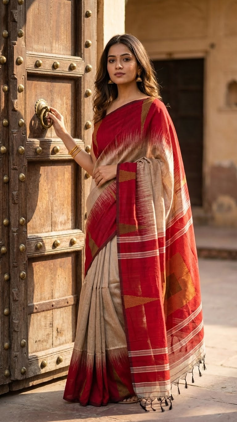 Woman in a beige handloom blended cotton saree with a crimson red border and geometric ochre accents standing next to a wooden door.