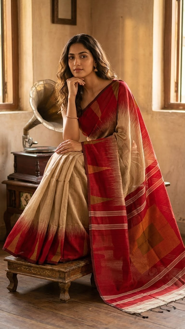 Woman in a beige handloom blended cotton saree with a crimson red border and geometric ochre accents sitting in a room with a vintage gramophone.