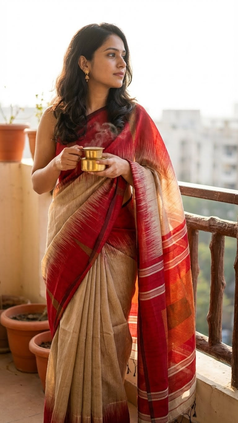 Woman in a beige handloom blended cotton saree with a crimson red border and geometric ochre accents holding a cup on a balcony