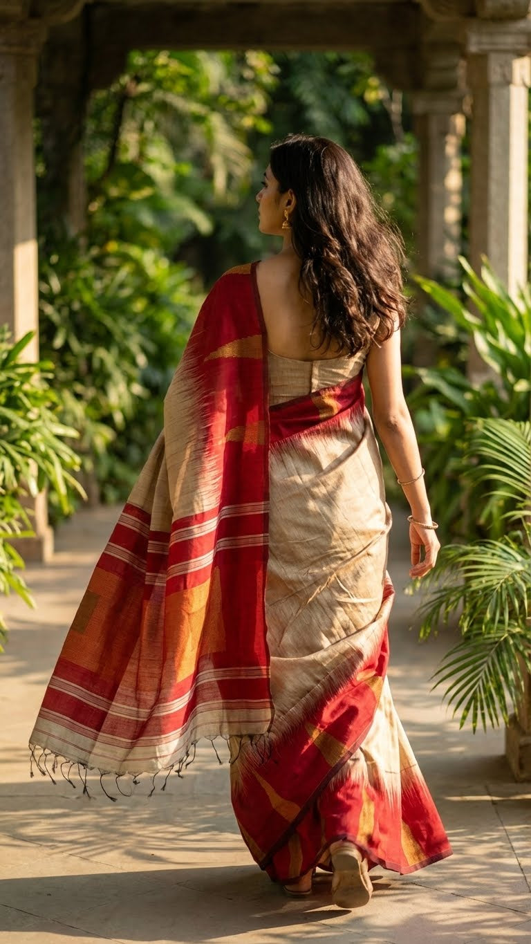 Woman in a beige handloom blended cotton saree with a crimson red border and geometric ochre accents walking outdoors with greenery around.