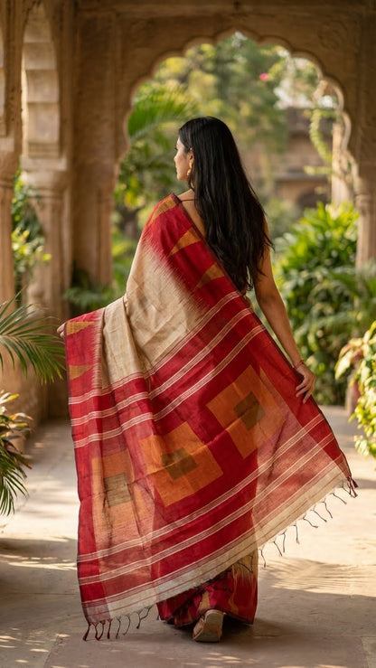 Woman wearing a beige handloom blended cotton saree with a crimson red border and geometric ochre accents, standing in an outdoor setting with arches and greenery.