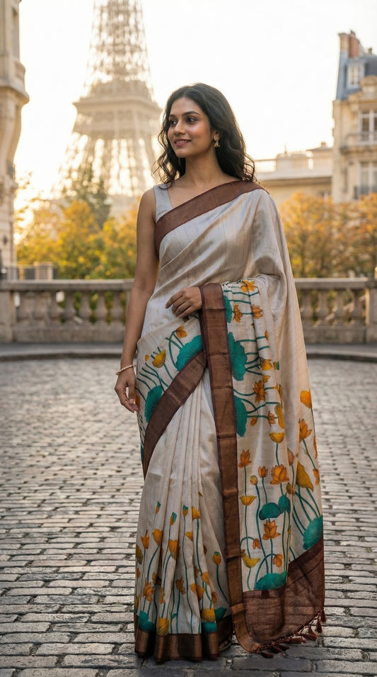 Woman in a beige-viscose-silk-brown-floral-saree, standing in front of the Eiffel Tower.