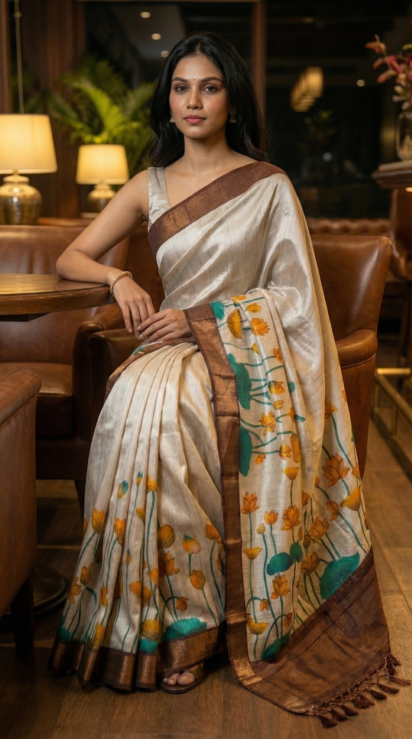 Woman in a beige-viscose-silk-brown-floral-saree, in an indoor setting