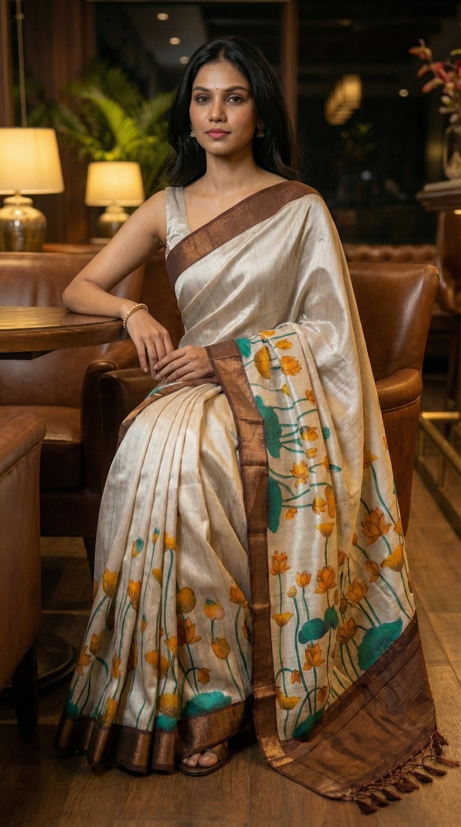 Woman in a beige-viscose-silk-brown-floral-saree, in an indoor setting