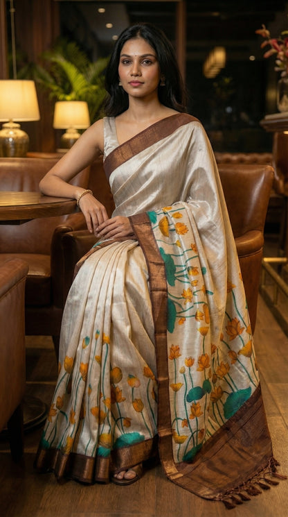 Woman in a beige-viscose-silk-brown-floral-saree, in an indoor setting