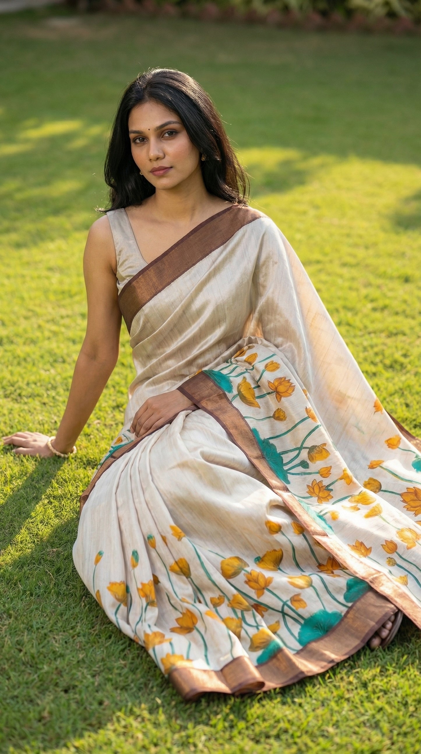 Woman in a beige-viscose-silk-brown-floral-saree, sitting on grass