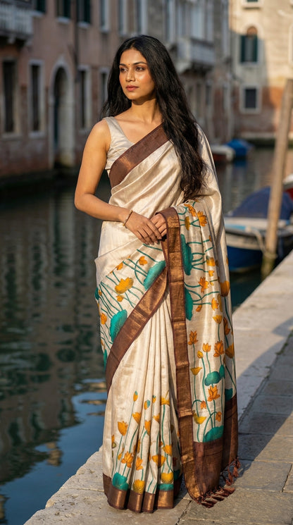 Woman in a beige-viscose-silk-brown-floral-saree, standing by a canal with boats in the background