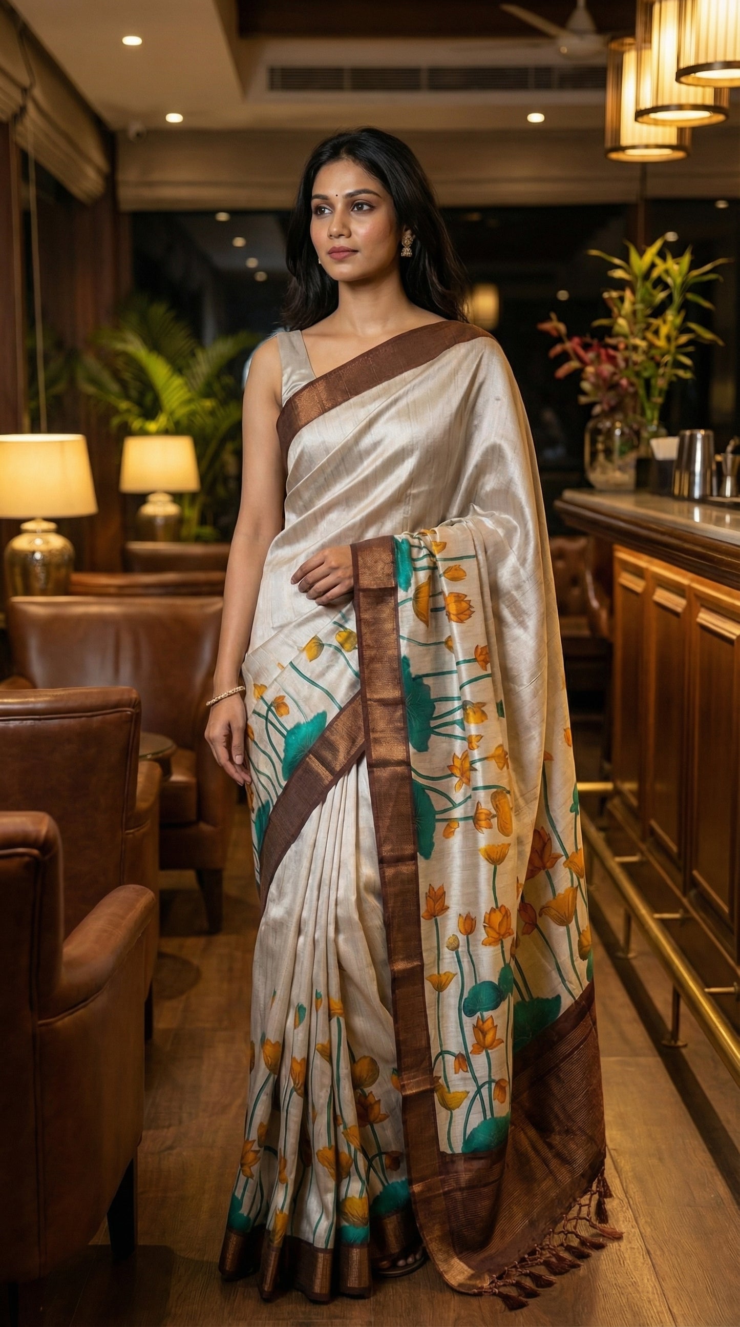 Woman in a beige-viscose-silk-brown-floral-saree, standing in an indoor setting with decor elements.