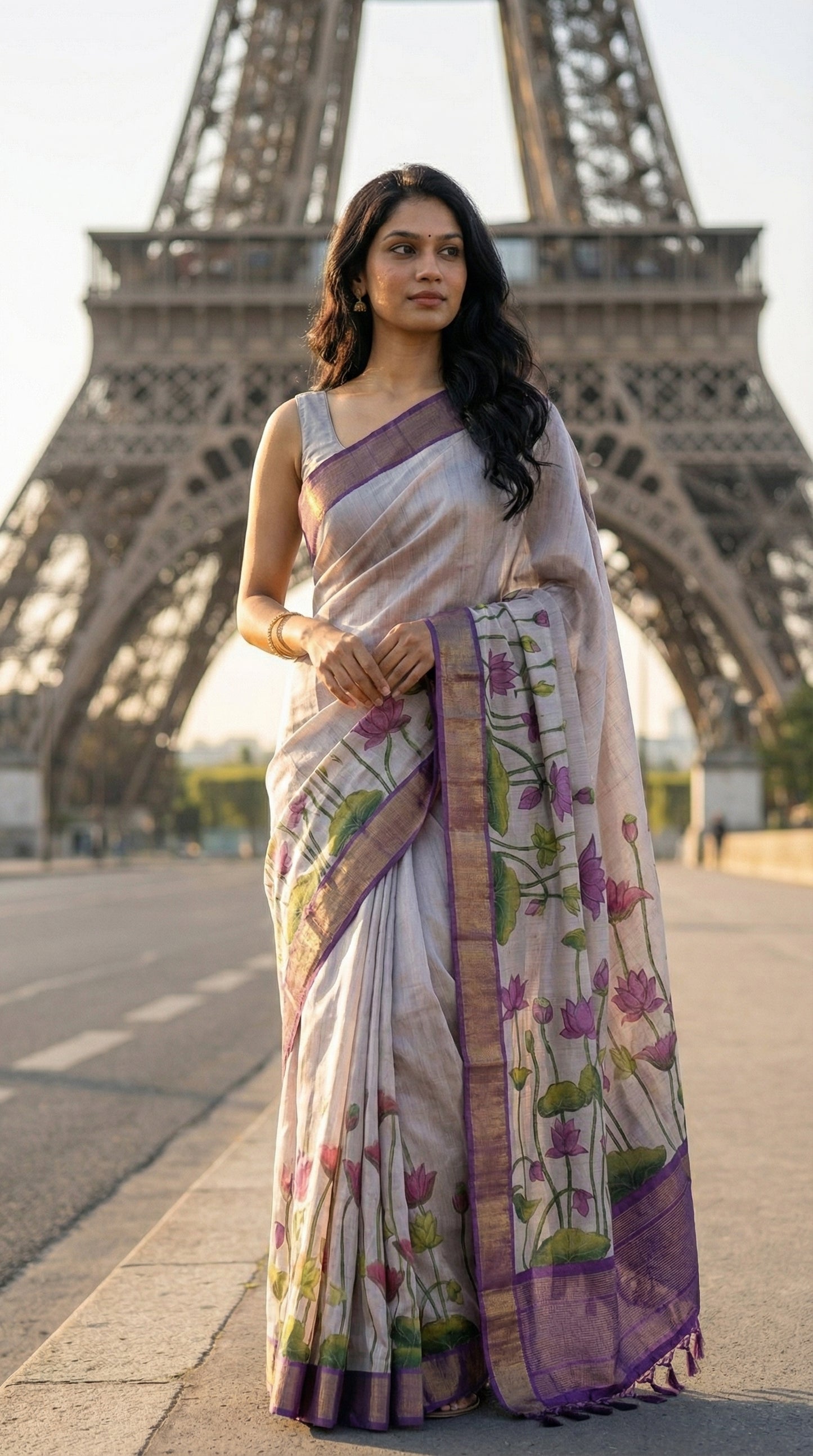 Woman in a beige-viscose-silk-purple-floral-saree, standing in front of the Eiffel Tower