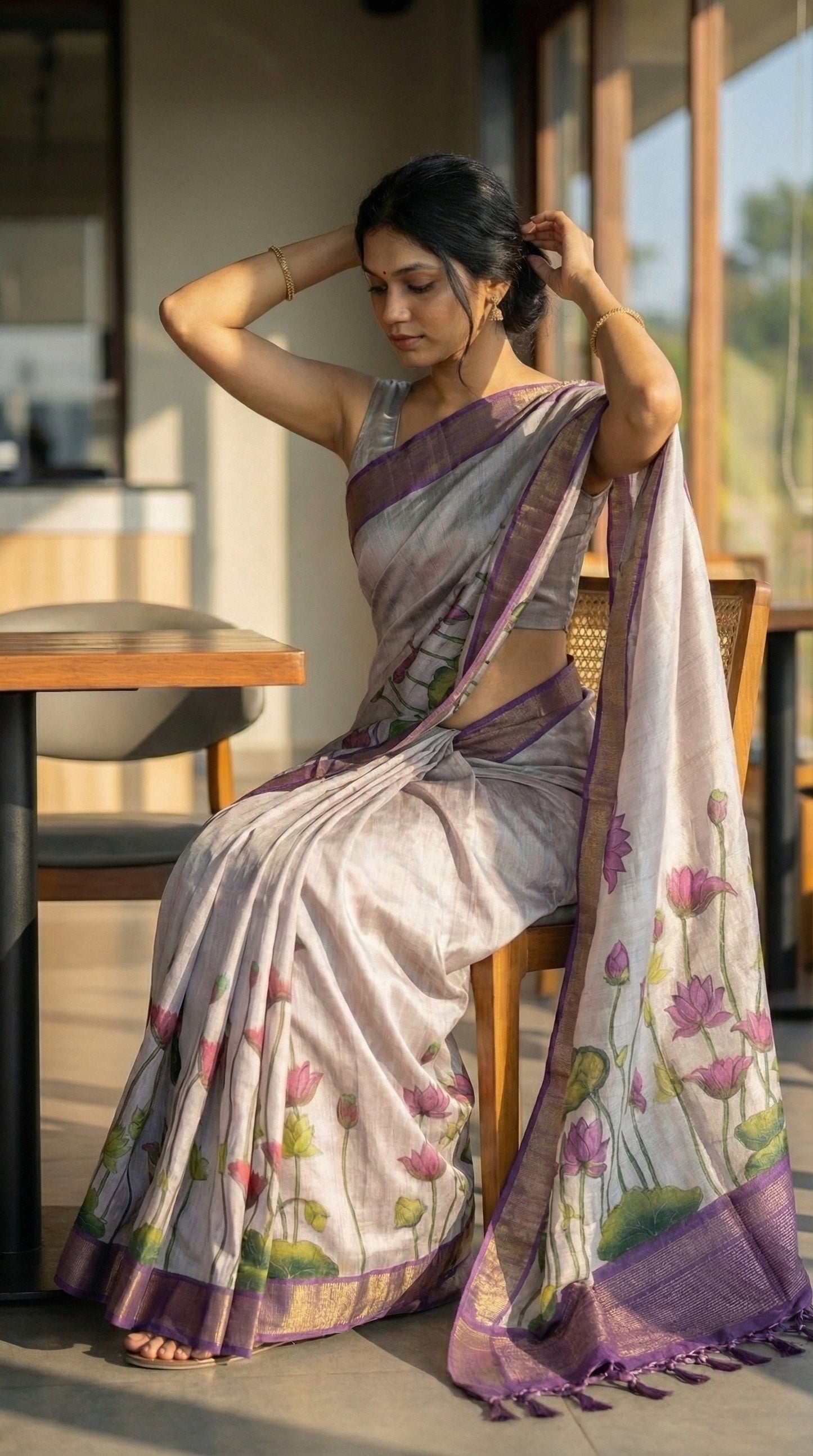 Woman in a beige-viscose-silk-purple-floral-saree, sitting outdoors with a blurred background