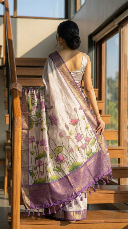 Woman in a beige-viscose-silk-purple-floral-saree,, standing on a wooden staircase.