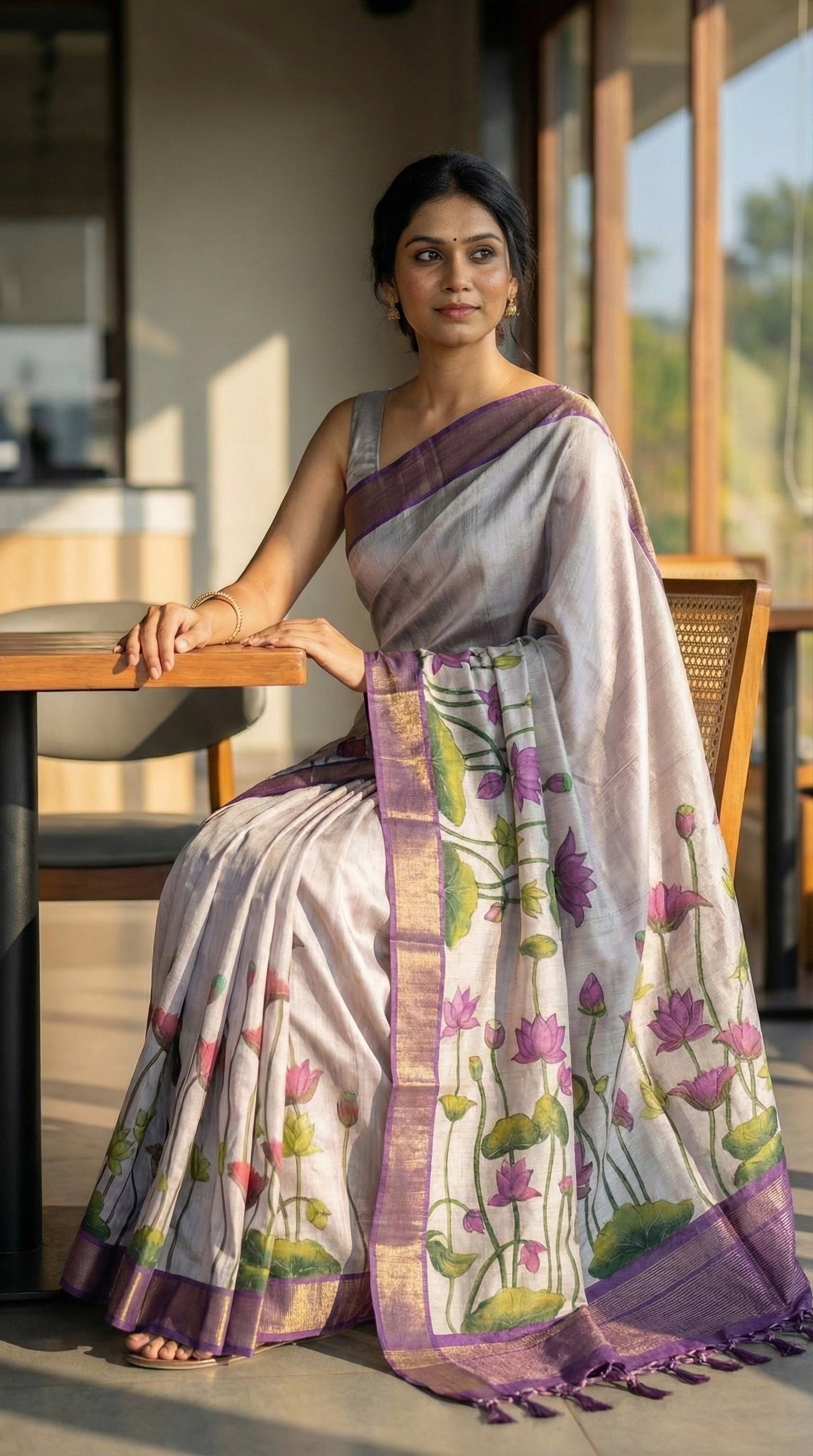 Woman in a beige-viscose-silk-purple-floral-saree, sitting outdoors.