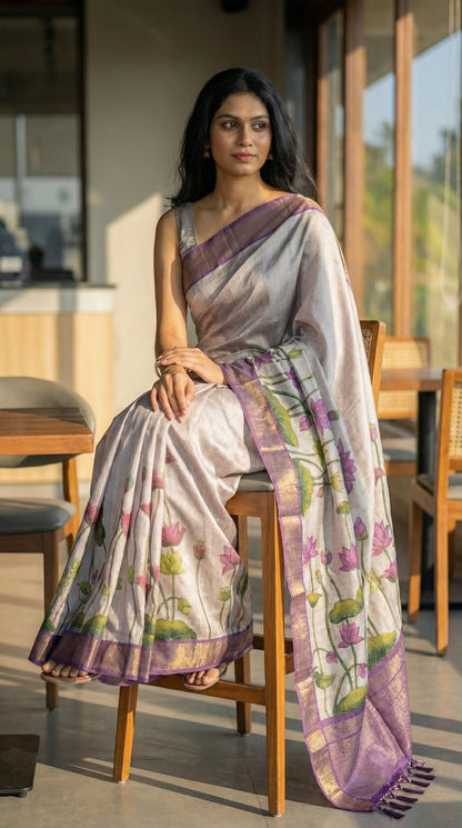 Woman in a beige-viscose-silk-purple-floral-saree, sitting on a chair outdoors