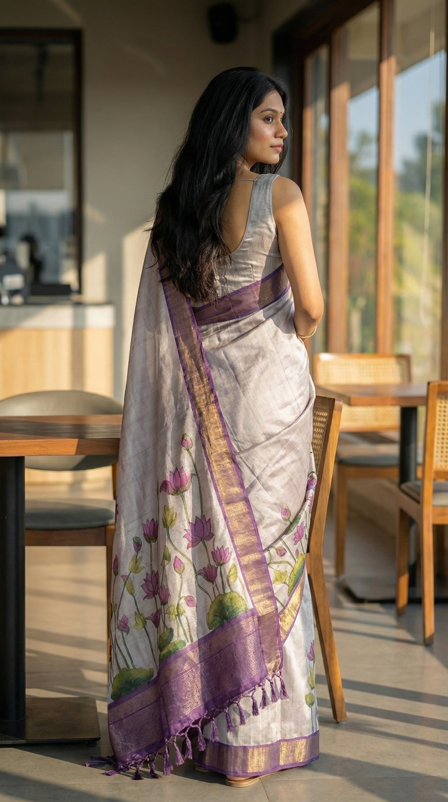 Woman in a beige-viscose-silk-purple-floral-saree, standing in a room with wooden furniture and large windows.