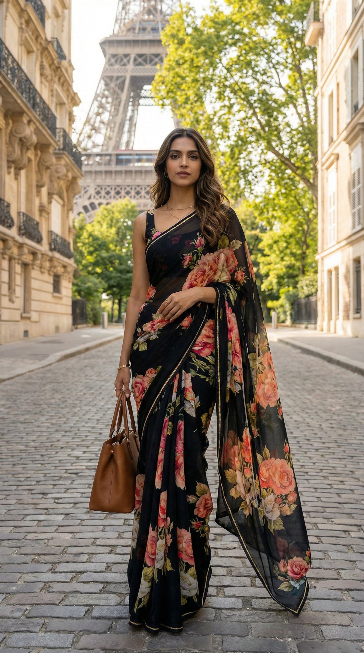Woman wearing a black chiffon saree with floral prints, walking on a street with the Eiffel Tower in the background.
